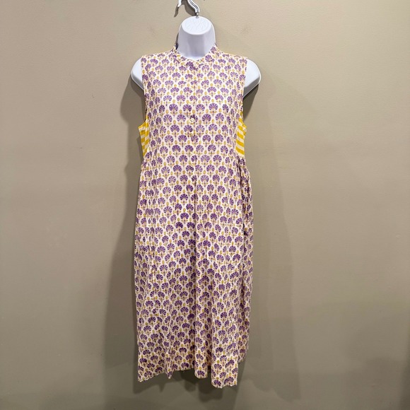 Ros Garden Sleeveless Floral Midi Dress Purple Yellow Stripe Sml Boho Feminine - Picture 2 of 12